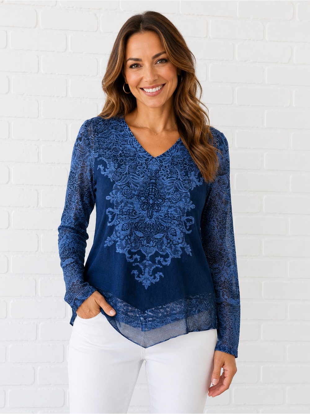 Chico's blue sheer lace overlay long sleeve blouse paisley design, size 2 (12)
